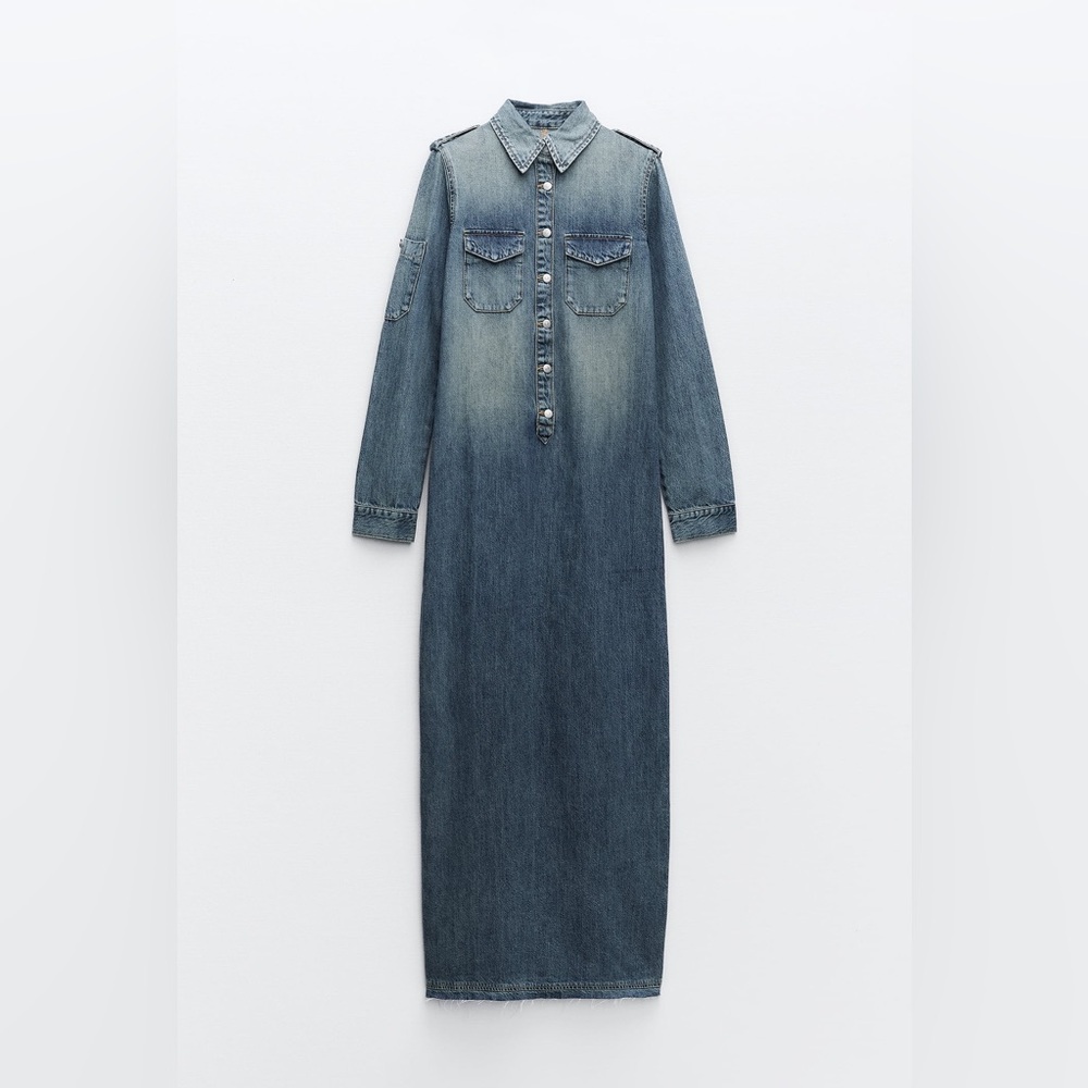 Zara NWOT Denim Long Dress w/ Back Slit, Size Large